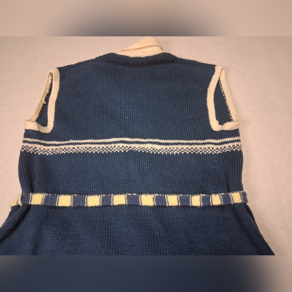 Vintage Handmade Zip Up Blue and Cream Knit Vest with Belt - Picture 9 of 9